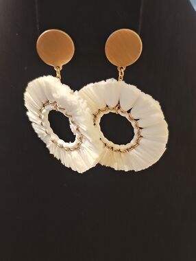 Gold and White Raffia Hoop Drop Earrings - Women Jewelry